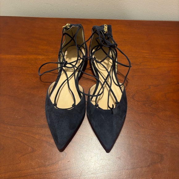 J. Crew Suede Lace Up Pointed Toe Flats in Navy Size 8 - Picture 2 of 8
